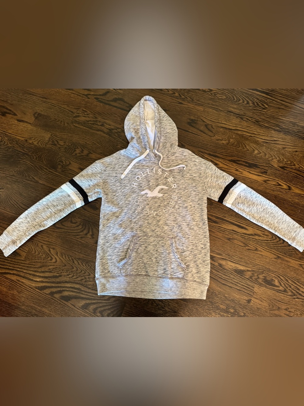 Hollister Men's Heather Gray Hooded Pullover with Sleeve Stripes